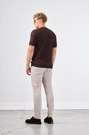 Kahve Çizgili Desen Kısa Kol Slim Fit Erkek Triko