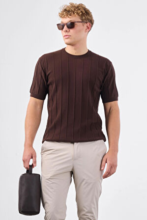 Kahve Çizgili Desen Kısa Kol Slim Fit Erkek Triko