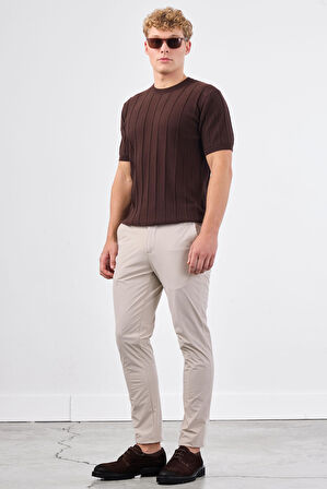 Kahve Çizgili Desen Kısa Kol Slim Fit Erkek Triko