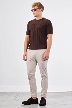 Kahve Çizgili Desen Kısa Kol Slim Fit Erkek Triko