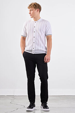 Beyaz Polo Düğmeli  Fitilli Kısa Kollu Slim Fit Erkek Triko