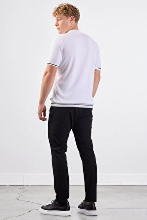 Beyaz Polo Düğmeli  Fitilli Kısa Kollu Slim Fit Erkek Triko