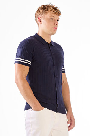Lacivert  Polo Düğmeli  Fitilli Kısa Kollu Slim Fit Erkek Triko