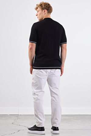 Siyah Polo Düğmeli  Fitilli Kısa Kollu Slim Fit Erkek Triko