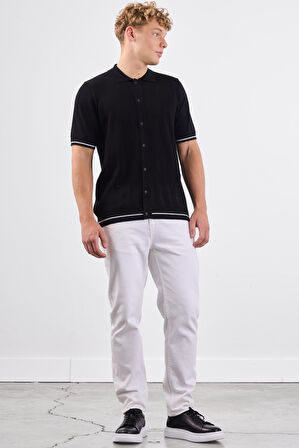 Siyah Polo Düğmeli  Fitilli Kısa Kollu Slim Fit Erkek Triko