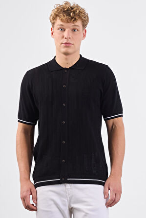 Siyah Polo Düğmeli  Fitilli Kısa Kollu Slim Fit Erkek Triko