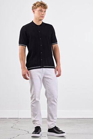 Siyah Polo Düğmeli  Fitilli Kısa Kollu Slim Fit Erkek Triko