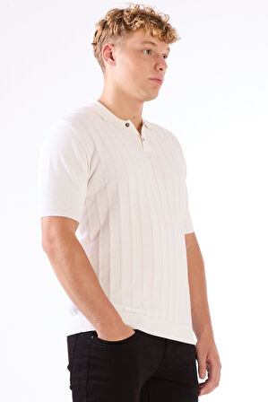 Beyaz Polo Düğmeli Kısa Kollu Düz Renk Fitilli Slim Fit Erkek Triko