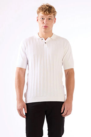 Beyaz Polo Düğmeli Kısa Kollu Düz Renk Fitilli Slim Fit Erkek Triko