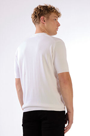 Beyaz Polo Düğmeli Kısa Kollu Düz Renk Fitilli Slim Fit Erkek Triko