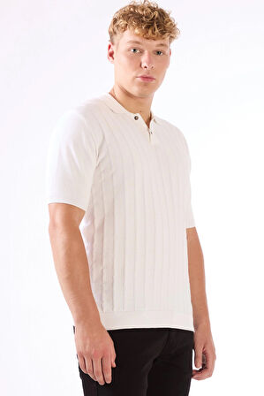 Beyaz Polo Düğmeli Kısa Kollu Düz Renk Fitilli Slim Fit Erkek Triko