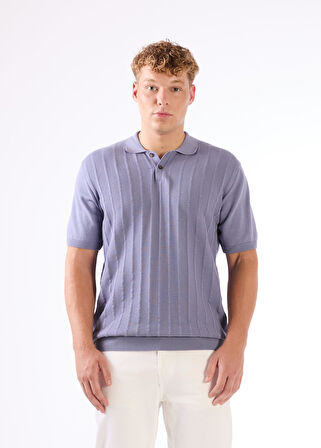 İndigo Polo Düğmeli Kısa Kollu Düz Renk Fitilli Slim Fit Erkek Triko