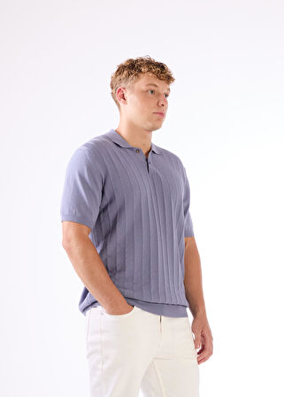 İndigo Polo Düğmeli Kısa Kollu Düz Renk Fitilli Slim Fit Erkek Triko