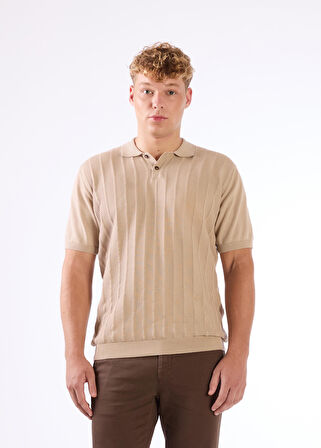 Bej Polo Düğmeli Kısa Kollu Düz Renk Fitilli Slim Fit Erkek Triko