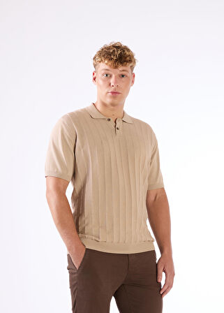 Bej Polo Düğmeli Kısa Kollu Düz Renk Fitilli Slim Fit Erkek Triko