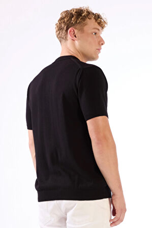 Siyah Polo Düğmeli Kısa Kollu Düz Renk Fitilli Slim Fit Erkek Triko