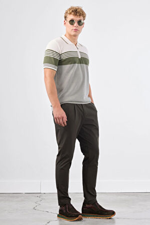 Haki Çizgili Desen Fermuarlı Polo Yaka Kısa Kollu Slim Fit Erkek Triko