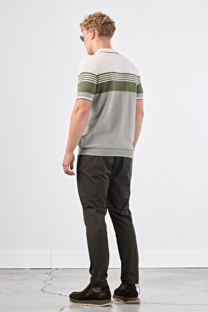 Haki Çizgili Desen Fermuarlı Polo Yaka Kısa Kollu Slim Fit Erkek Triko