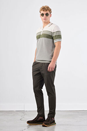 Haki Çizgili Desen Fermuarlı Polo Yaka Kısa Kollu Slim Fit Erkek Triko