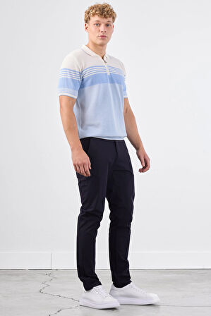 Mavi Çizgili Desen Fermuarlı Polo Yaka Kısa Kollu Slim Fit Erkek Triko