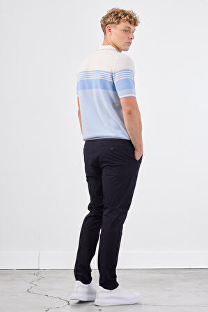 Mavi Çizgili Desen Fermuarlı Polo Yaka Kısa Kollu Slim Fit Erkek Triko