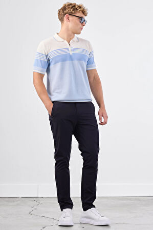 Mavi Çizgili Desen Fermuarlı Polo Yaka Kısa Kollu Slim Fit Erkek Triko