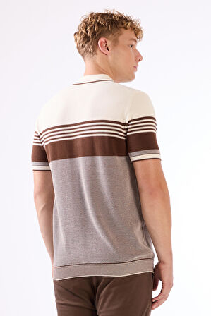 Kahve Çizgili Desen Fermuarlı Polo Yaka Kısa Kollu Slim Fit Erkek Triko