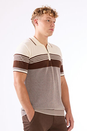 Kahve Çizgili Desen Fermuarlı Polo Yaka Kısa Kollu Slim Fit Erkek Triko
