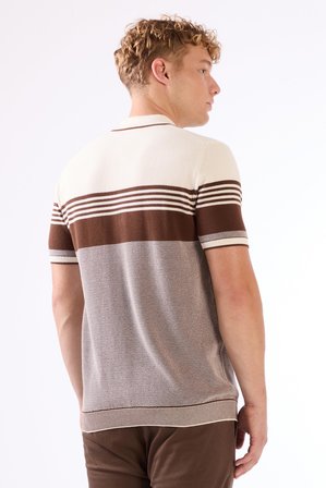 Kahve Çizgili Desen Fermuarlı Polo Yaka Kısa Kollu Slim Fit Erkek Triko