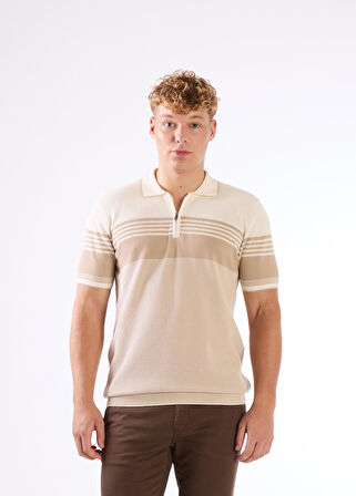 Bej Çizgili Desen Fermuarlı Polo Yaka Kısa Kollu Slim Fit Erkek Triko
