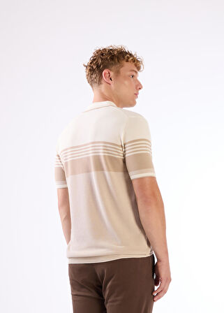 Bej Çizgili Desen Fermuarlı Polo Yaka Kısa Kollu Slim Fit Erkek Triko