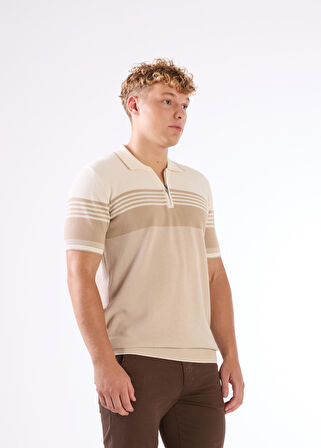 Bej Çizgili Desen Fermuarlı Polo Yaka Kısa Kollu Slim Fit Erkek Triko