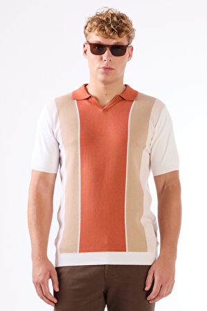Kiremit Polo V Yaka Blok Desen Kısa Kollu Slim Fit  Erkek Triko