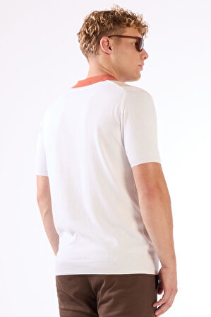 Kiremit Polo V Yaka Blok Desen Kısa Kollu Slim Fit  Erkek Triko