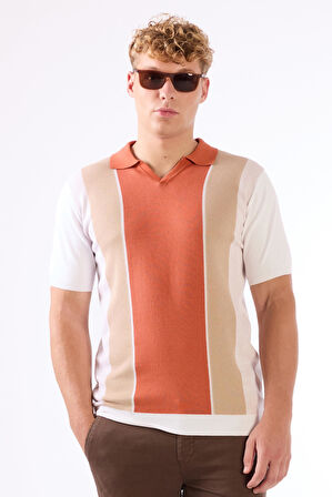 Kiremit Polo V Yaka Blok Desen Kısa Kollu Slim Fit  Erkek Triko
