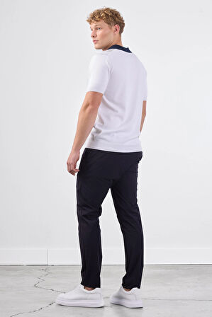 Lacivert Polo V Yaka Blok Desen Kısa Kollu Slim Fit  Erkek Triko