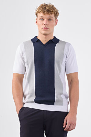 Lacivert Polo V Yaka Blok Desen Kısa Kollu Slim Fit  Erkek Triko