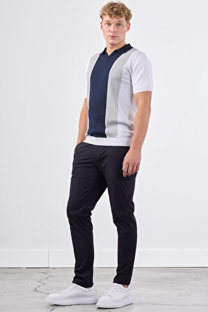 Lacivert Polo V Yaka Blok Desen Kısa Kollu Slim Fit  Erkek Triko