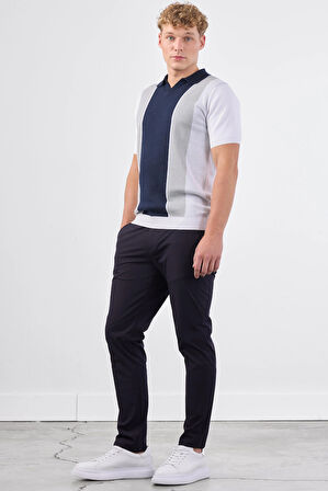 Lacivert Polo V Yaka Blok Desen Kısa Kollu Slim Fit  Erkek Triko