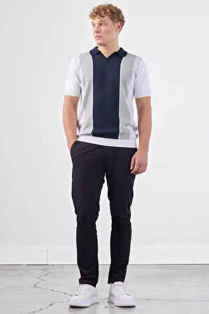 Lacivert Polo V Yaka Blok Desen Kısa Kollu Slim Fit  Erkek Triko