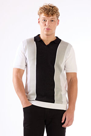 Siyah Polo V Yaka Blok Desen Kısa Kollu Slim Fit  Erkek Triko