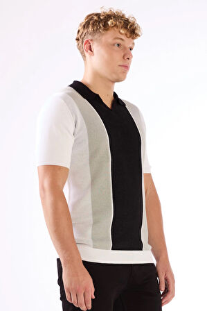 Siyah Polo V Yaka Blok Desen Kısa Kollu Slim Fit  Erkek Triko