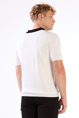 Siyah Polo V Yaka Blok Desen Kısa Kollu Slim Fit  Erkek Triko