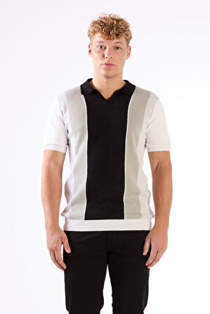 Siyah Polo V Yaka Blok Desen Kısa Kollu Slim Fit  Erkek Triko