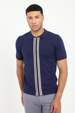 Erkek Slim Fit Fermuarlı Polo Yaka Lacivert Triko T-shirt