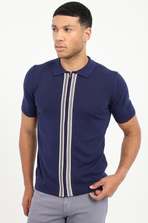 Erkek Slim Fit Fermuarlı Polo Yaka Lacivert Triko T-shirt