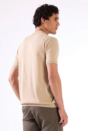 Bej Polo Fermuar Yaka Düz Kısa Kollu Slim Fit  Erkek Triko