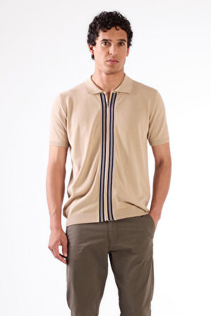 Bej Polo Fermuar Yaka Düz Kısa Kollu Slim Fit  Erkek Triko