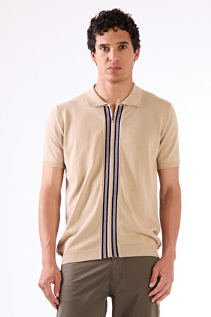 Bej Polo Fermuar Yaka Düz Kısa Kollu Slim Fit  Erkek Triko