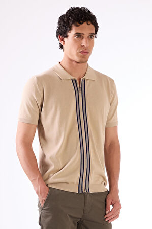 Bej Polo Fermuar Yaka Düz Kısa Kollu Slim Fit  Erkek Triko